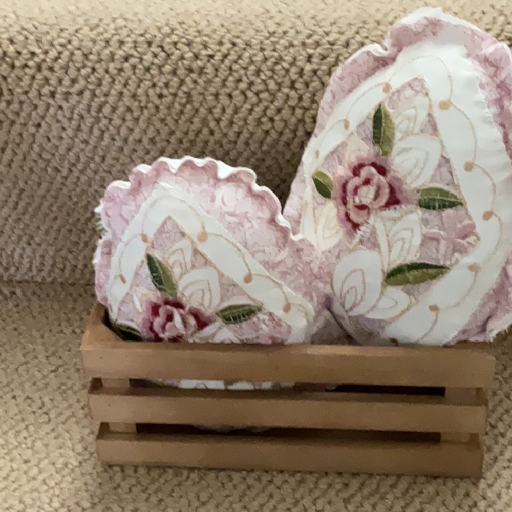 Easter decor; Embroidered Floral Decorative Eggs in a wooden crate.